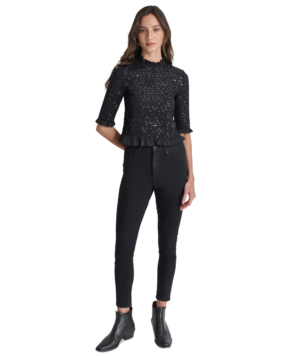 Dkny Jeans Women's Sequin Smocked Elbow-Sleeve Top