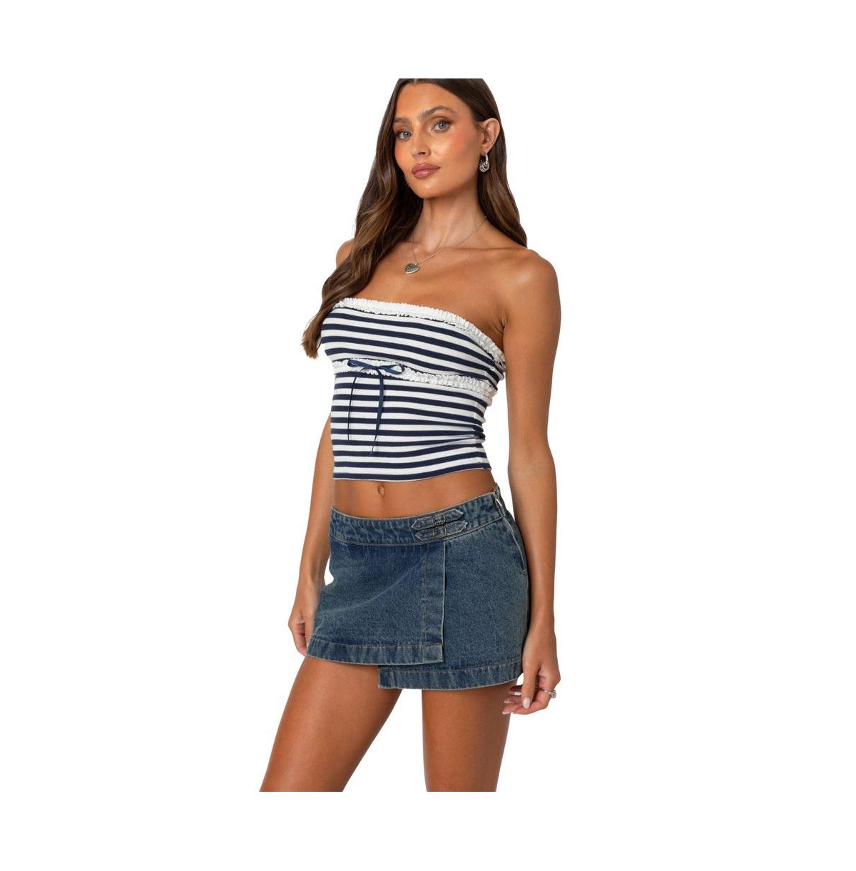 Edikted Women's Striped Eyelet Trim Tube Top - Navy-and-white