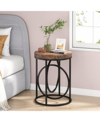 Modern Round End Table with Thick Wood Top, 20”Sofa Side Table Cocktail Table with Unique Black O-Shaped Base, Midcentury Accent Table Nightstand for Living Room Bedroom