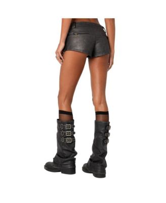 Womens Washed Faux Leather Micro Cargo Shorts