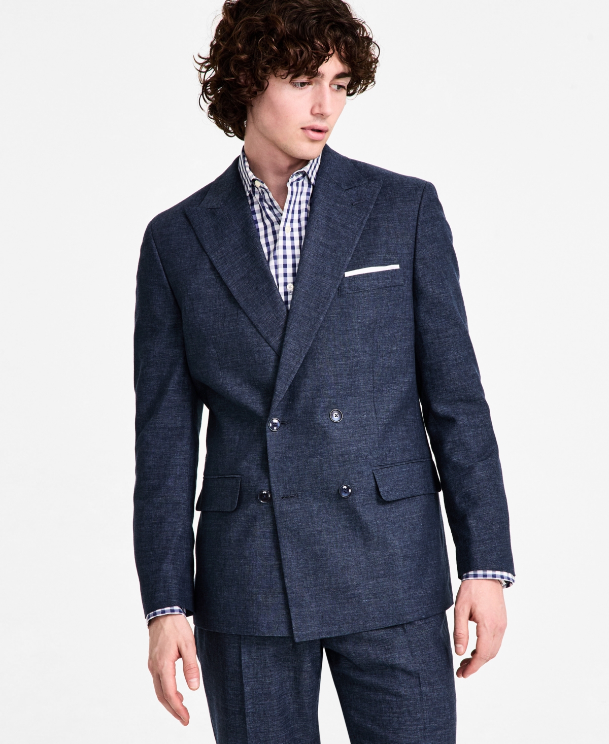 Shop Tommy Hilfiger Men's Modern Fit Double Breasted Linen Suit Jacket In Denim