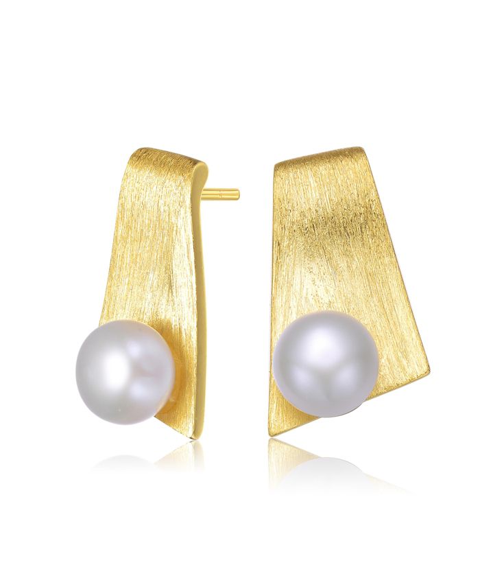 Genevive Unique Sterling Silver 14k Gold Plated White Pearl Earrings