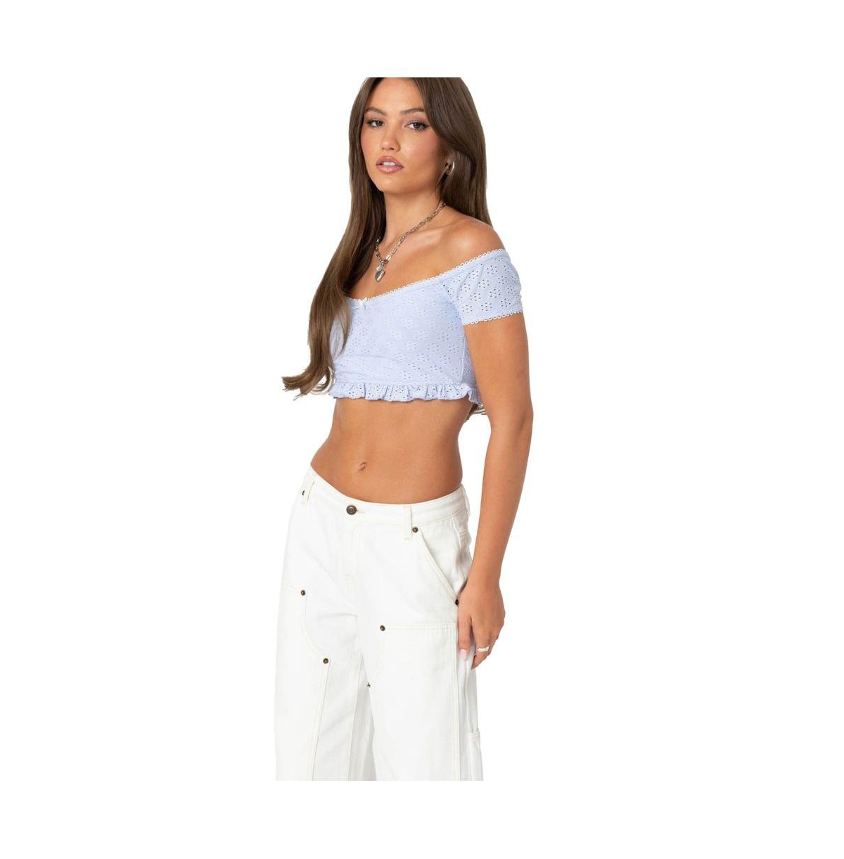 Edikted Women's Off Shoulder Eyelet Crop Top - Light-blue
