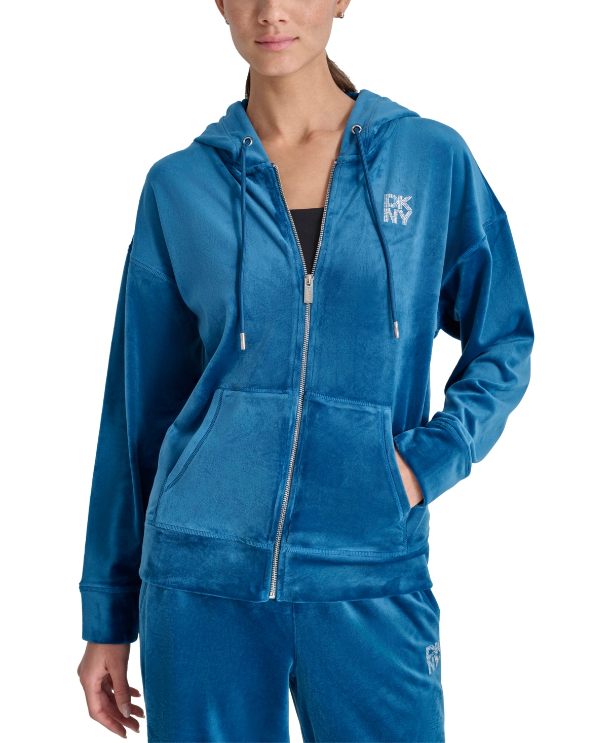 Dkny Women's Velour Rhinestone-logo Zip-front Hoodie In Poseidon | ModeSens