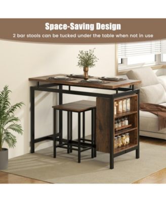 3 Pieces Dining Table Set with 3-Tier Storage Shelf and Metal Frame-Brown