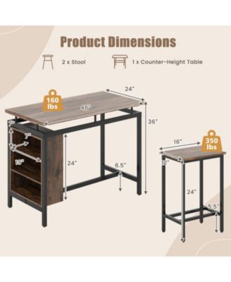 3 Pieces Dining Table Set with 3-Tier Storage Shelf and Metal Frame-Brown