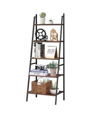 5 Tier Leaning Bookshelf Wood Metal Bookcase