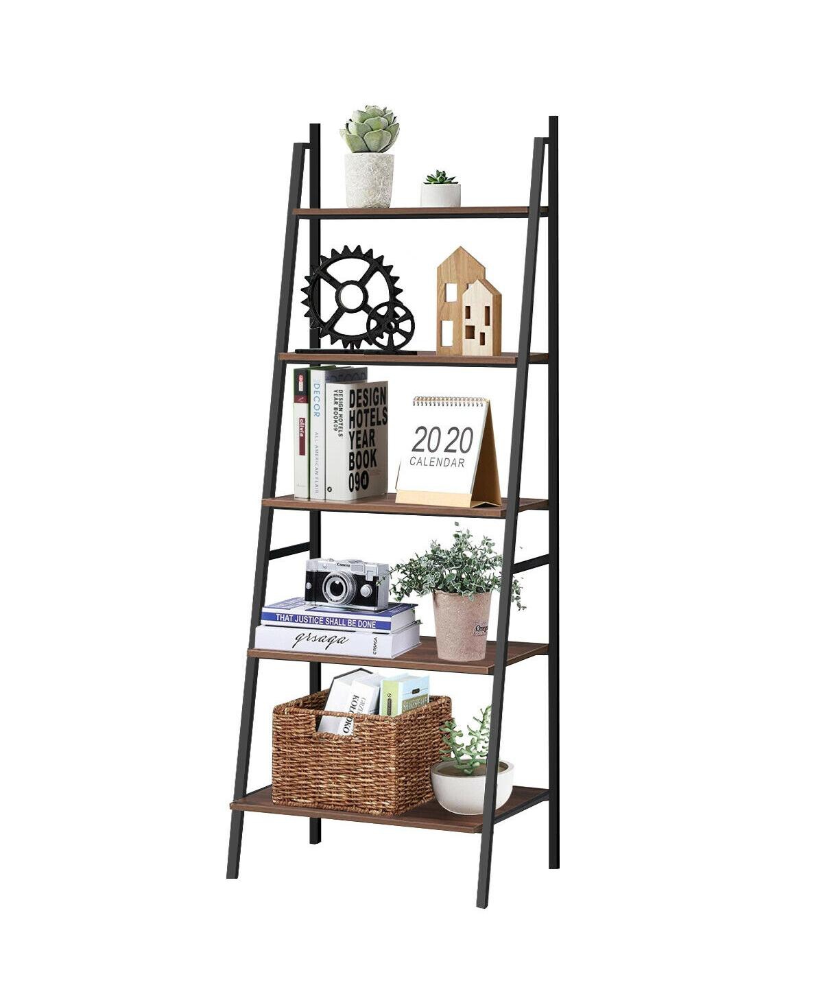 Sugift 5 Tier Leaning Bookshelf Wood Metal Bookcase