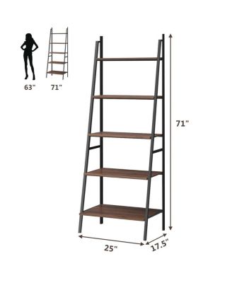 5 Tier Leaning Bookshelf Wood Metal Bookcase
