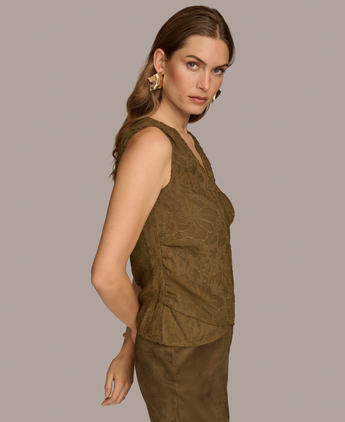Donna Karan New York Women's Metallic Floral Faux-Wrap Sleeveless Blouse -Gold