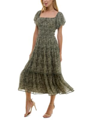 Juniors' Printed Square-Neck Short-Sleeve Tiered Dress