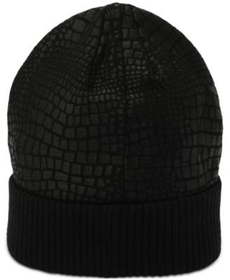 MICHAEL Logo Charm Ribbed Trim Croc-Embossed Beanie 