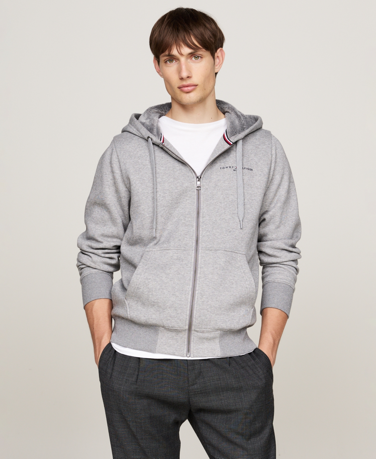 TOMMY HILFIGER MEN'S LOGO FUR-LINED ZIP-UP HOODIE 