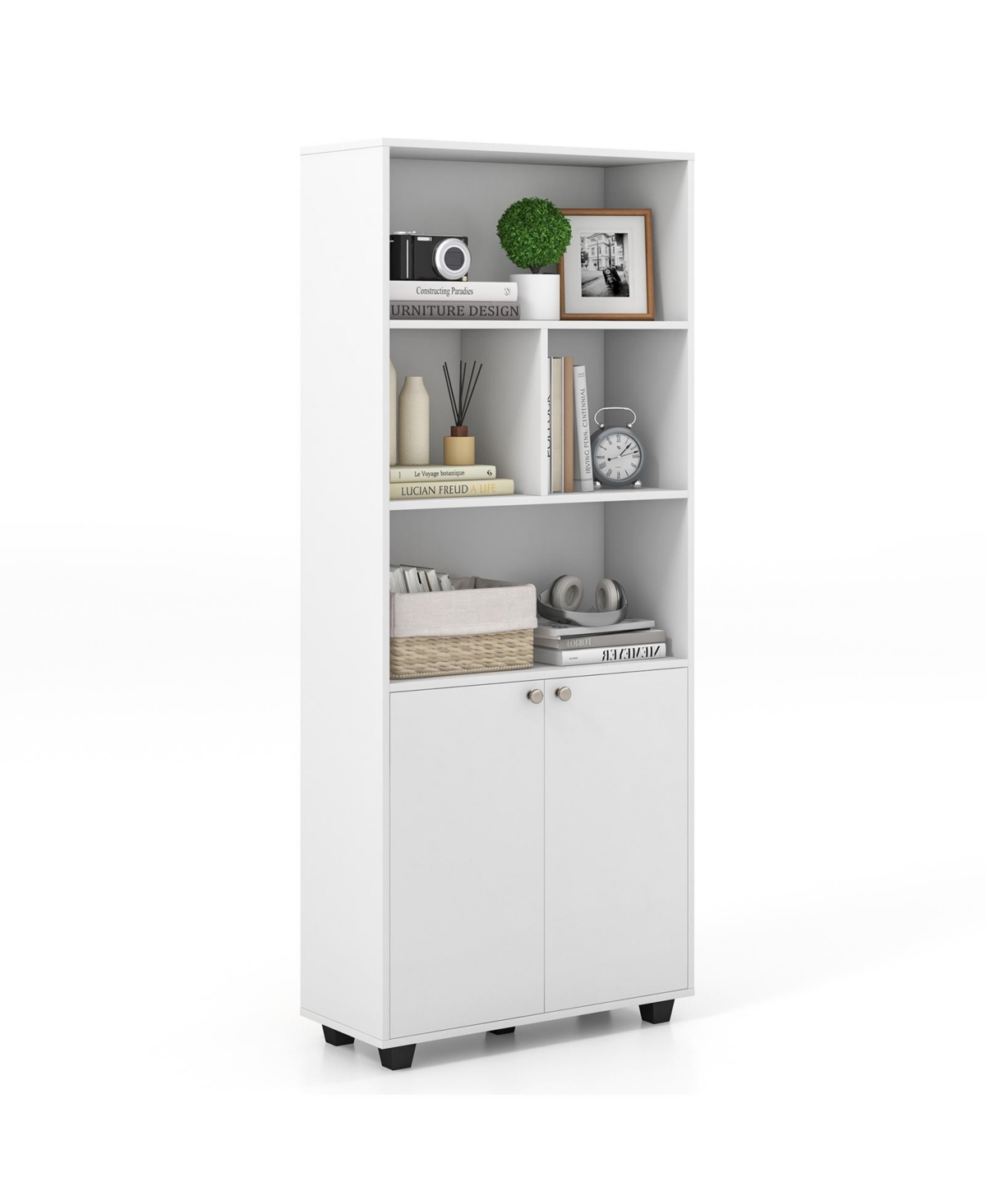 Sugift Tall Double-Door Bookcase with Adjustable Shelf and Storage Cubes- White