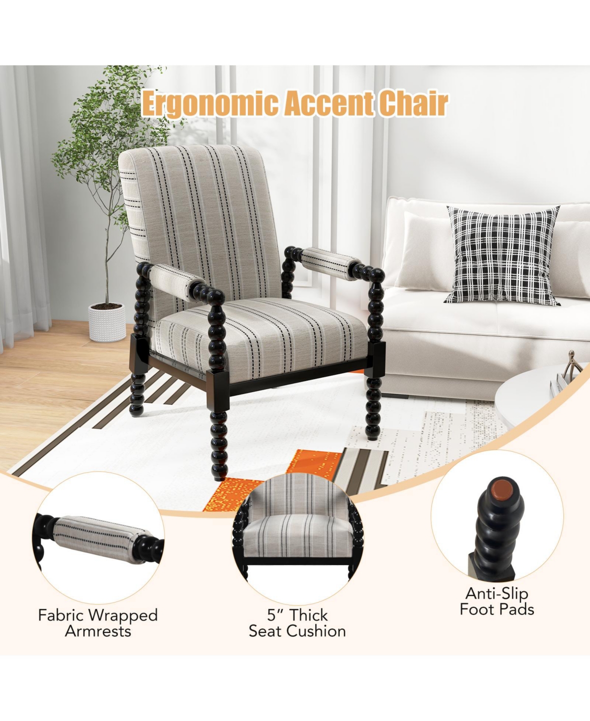 Sugift Upholstered Accent Chair with Rubber Wood Frame for Living Room-Beige