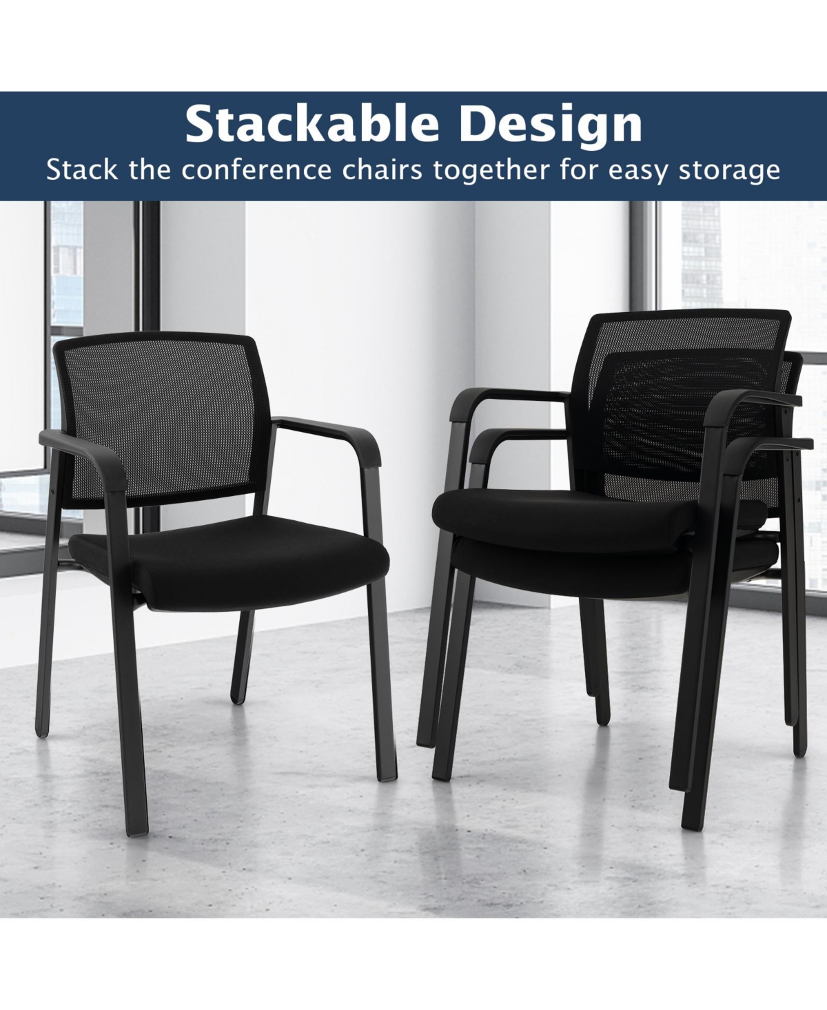 Skonyon Set of 2 Stackable Reception Room Chairs with Padded Seat- Black