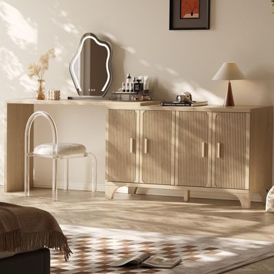 55-inch Mid Century Modern Buffet Cabinet with Fluted Doors, Wood Sideboard and Credenza for Kitchen or Living Room