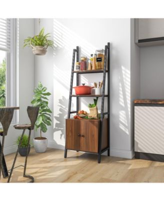 4-Tier Ladder Shelf with Cabinet and Metal Frame-Rustic Brown