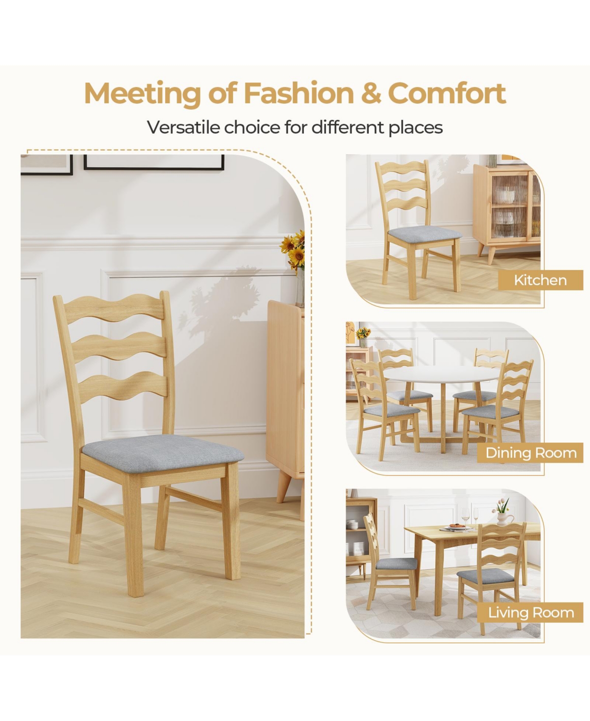 Dining Chair Set of 2 Linen Fabric Upholstered Kitchen Chairs with Padded Seat-Natural