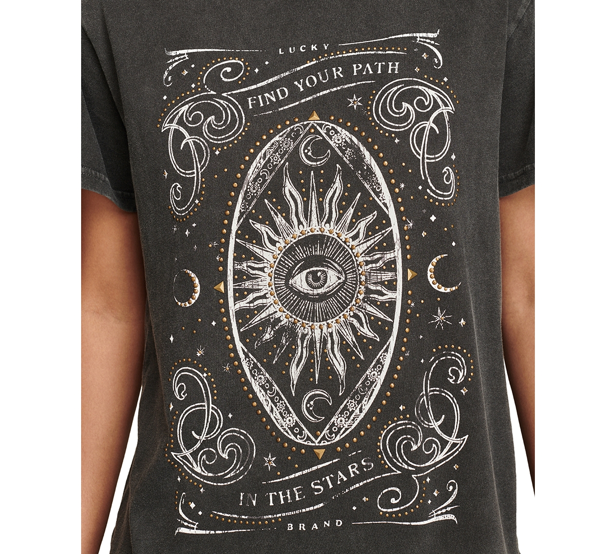 Shop Lucky Brand Women's Find Your Path Studded Graphic Print Boyfriend T-shirt In Jet Black