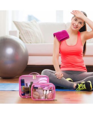 Set of 2 Clear Makeup Bag Cosmetic Organizer Travel Toiletry Pouch Handle Zipper for Makeup Artist Pink