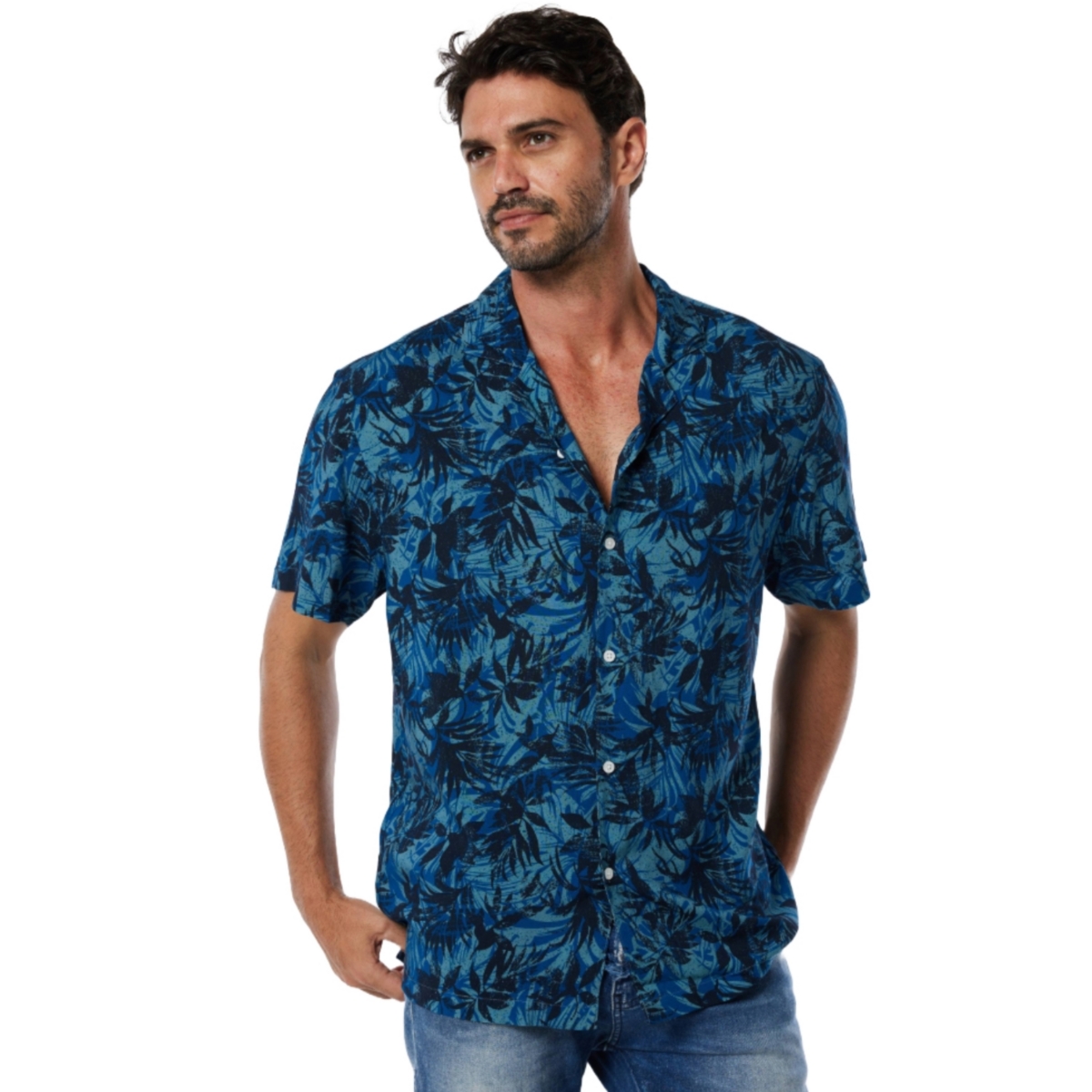 Mens Casual Button-Down Hawaiian Short Sleeve Shirt - Aegean palm