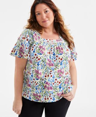 Style & Co - Plus Size Square-Neck Flutter-Sleeve Floral-Print Top