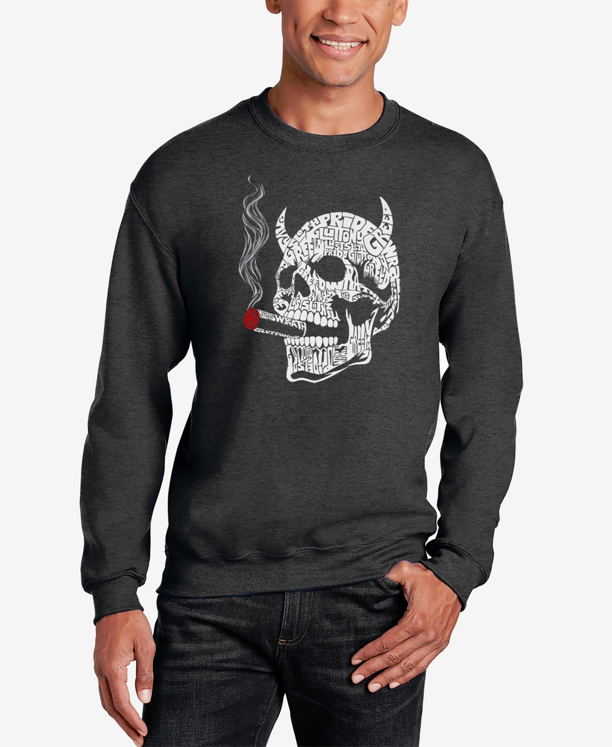 La Pop Art Men's 7 Deadly Sins Skull Word Art Crewneck Sweatshirt