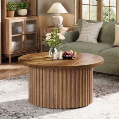 31.5" Round Coffee Table, Farmhouse Circle Coffee Table with Metal Base, Modern Wood Accent Center Table Sofa Side Table for Living Room, Home Office, Wood Grain Veneer Top