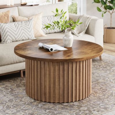 31.5" Round Coffee Table, Farmhouse Circle Coffee Table with Metal Base, Modern Wood Accent Center Table Sofa Side Table for Living Room, Home Office, Wood Grain Veneer Top