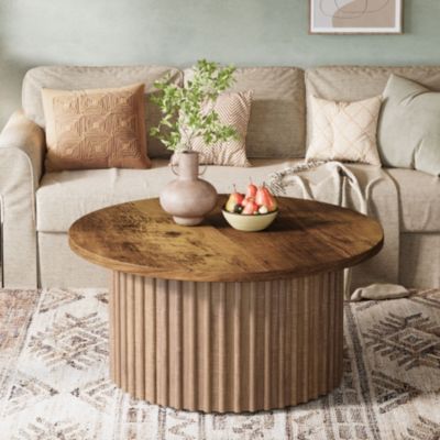 31.5" Round Coffee Table, Farmhouse Circle Coffee Table with Metal Base, Modern Wood Accent Center Table Sofa Side Table for Living Room, Home Office, Wood Grain Veneer Top