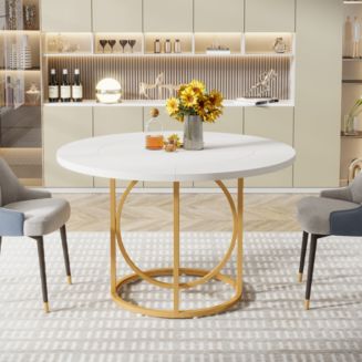 Tribesigns Modern Round Dining Table for 4-6, 47 Inches White Kitchen Table with Gold Base, Wood ...