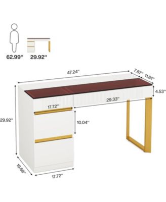 Computer Desk with 4 Drawers, 47 Inch Modern Home Office Desk with Glass Top, White and Gold Writing Workstation Desk with Storage, Makeup Vanity Table for Living Room, Bedroom