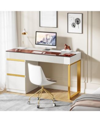 Computer Desk with 4 Drawers, 47 Inch Modern Home Office Desk with Glass Top, White and Gold Writing Workstation Desk with Storage, Makeup Vanity Table for Living Room, Bedroom