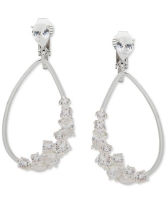 Silver Tone Cubic Zirconia Open Tear Shape Clip On Drop Earrings