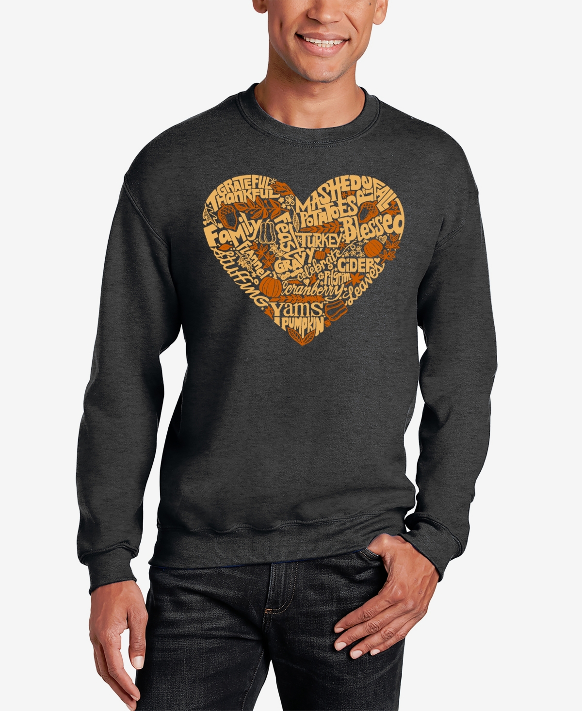 La Pop Art Men's Thanksgiving Heart Word Art Crewneck Sweatshirt In Dark Grey