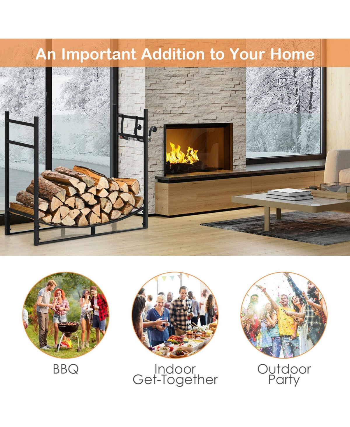 Givimo 33 Inch Firewood Rack with Removable Kindling Holder Steel Fireplace Wood