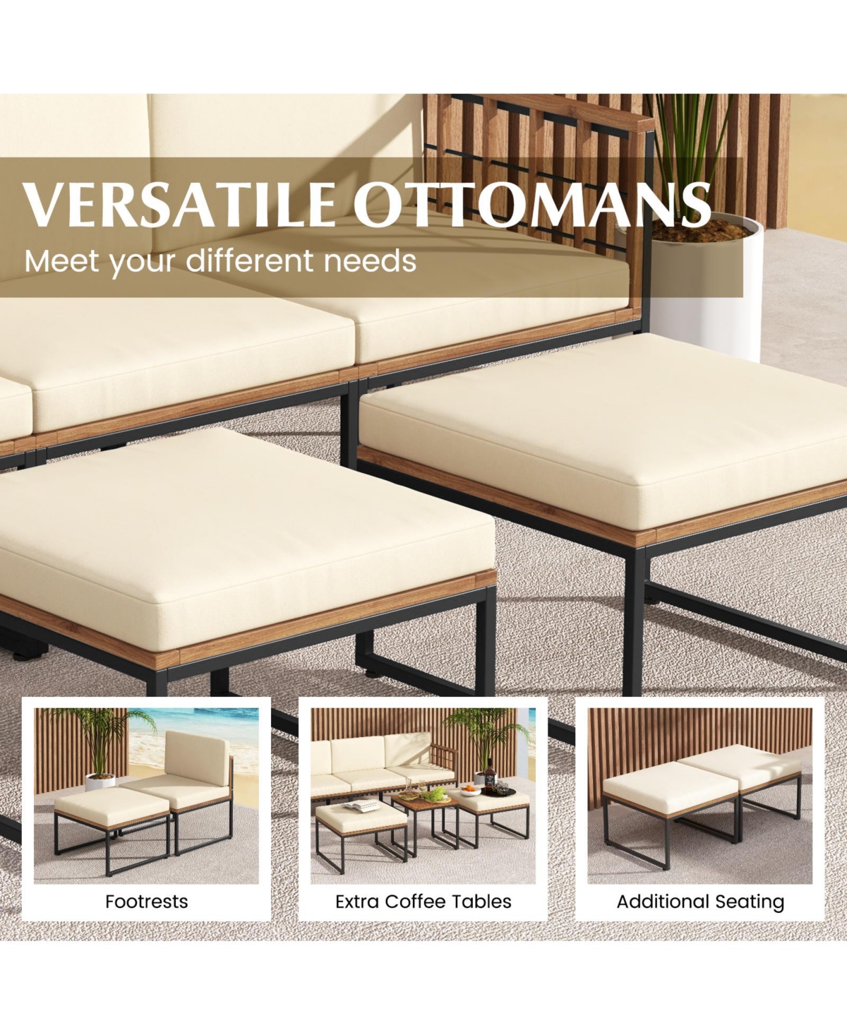 6 Pieces Acacia Wood Patio Furniture Set with Coffee Table and Ottomans-Beige