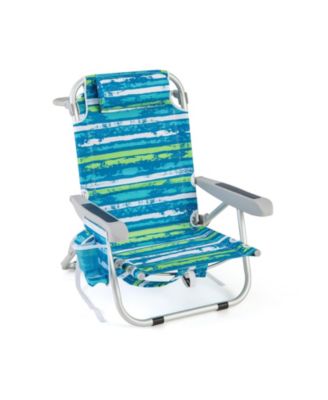 Foldable Backpack Beach Chair with Cup Holder and Storage Pockets for Outdoor-Blue and Green