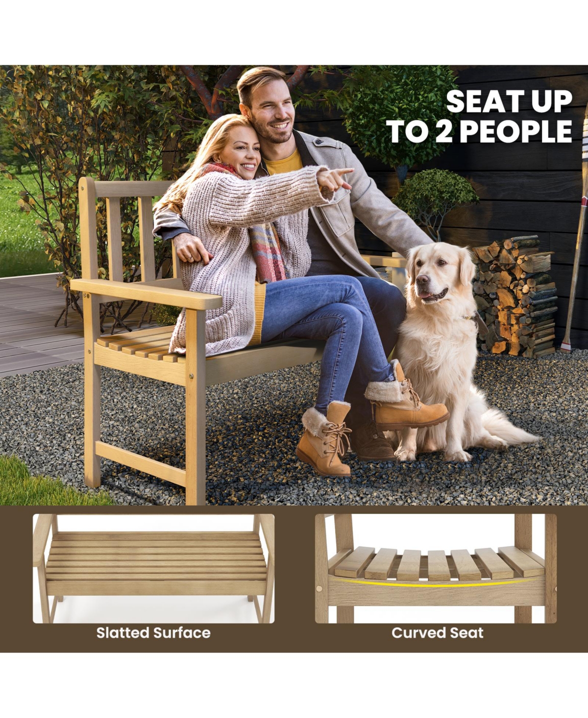 Givimo Outdoor Indonesia Teak Wood Garden Bench 2-Person with Backrest and Armrests