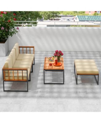 5 Pieces Patio Furniture Set Acacia Wood Sectional Set with Heavy-Duty Metal Frame-Beige