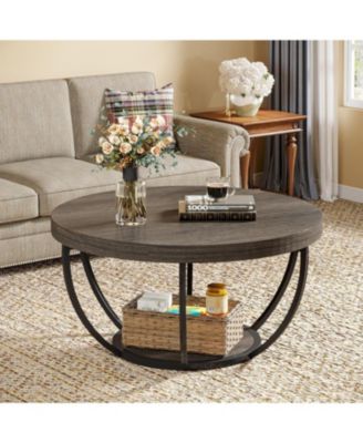 Round Coffee Table, Industrial 2-Tier Circle Coffee Table with Storage Shelves for Living Room, Home Office