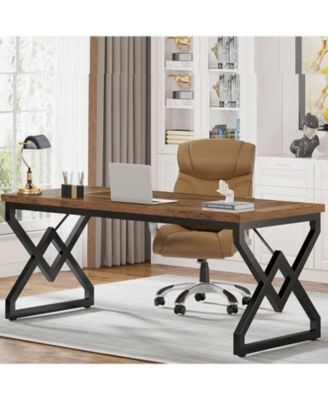 Executive Desk, Office Desk with Extra Thickened Wooden Tabletop and Metal Frame, Large 63 Inches Computer Desk Writing Table Study Desk for Home Office, Rustic Brown