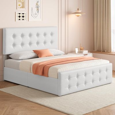 Queen Size Bed Frame with 4 Storage Drawers and Headboard, Velvet Upholstered Platform Bed Frame with Wooden Slats Support, Button Tufted Design, No Box Spring Needed, Blue