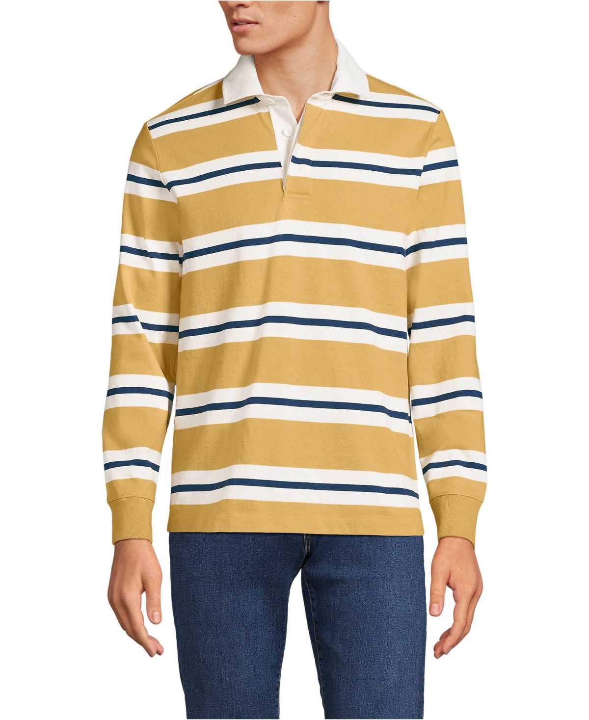 Lands' End Men's Long Sleeve Stripe Rugby Shirt -navy rugby stripe