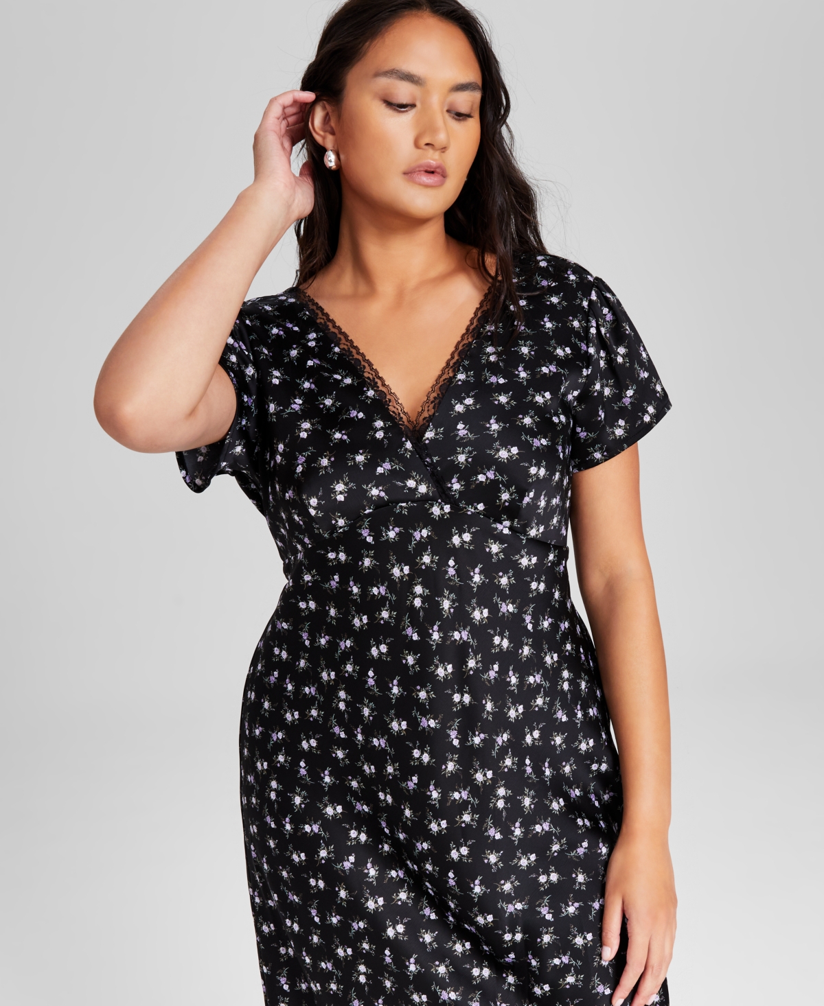 And Now This Women's Printed Satin V-Neck Midi Dress, Created for Macy's - Black  Lilac Floral