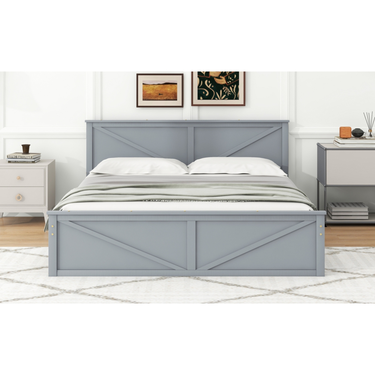 Streamdale Furniture King Size Wooden Platform Bed with Four Storage Drawers and Support Legs,- Gray