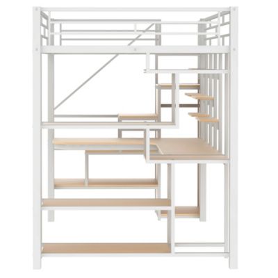  Metal Loft Bed with Staircase, Wardrobe, Desk, & Shelves