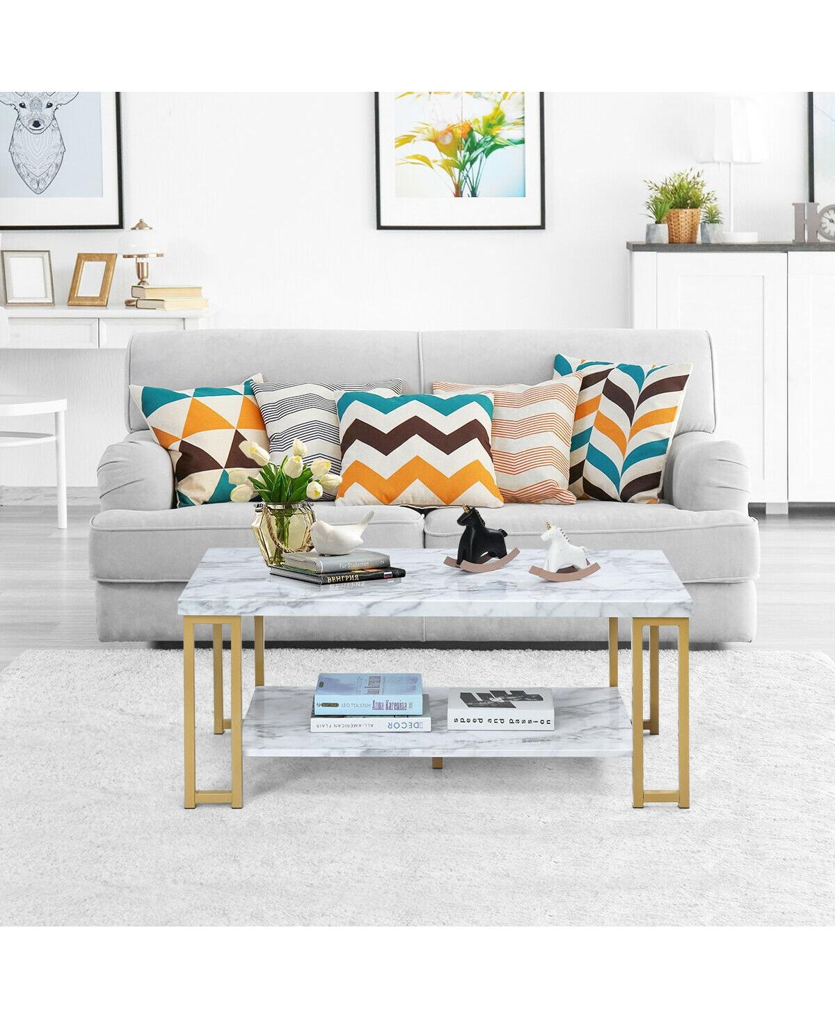 Sugift 2-Tier Rectangular Modern Coffee Table with Gold Print Metal Frame