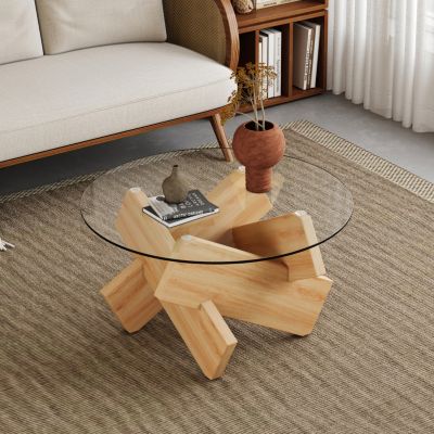 Streamdale Modern Circular Glass Coffee Table with Wood Legs